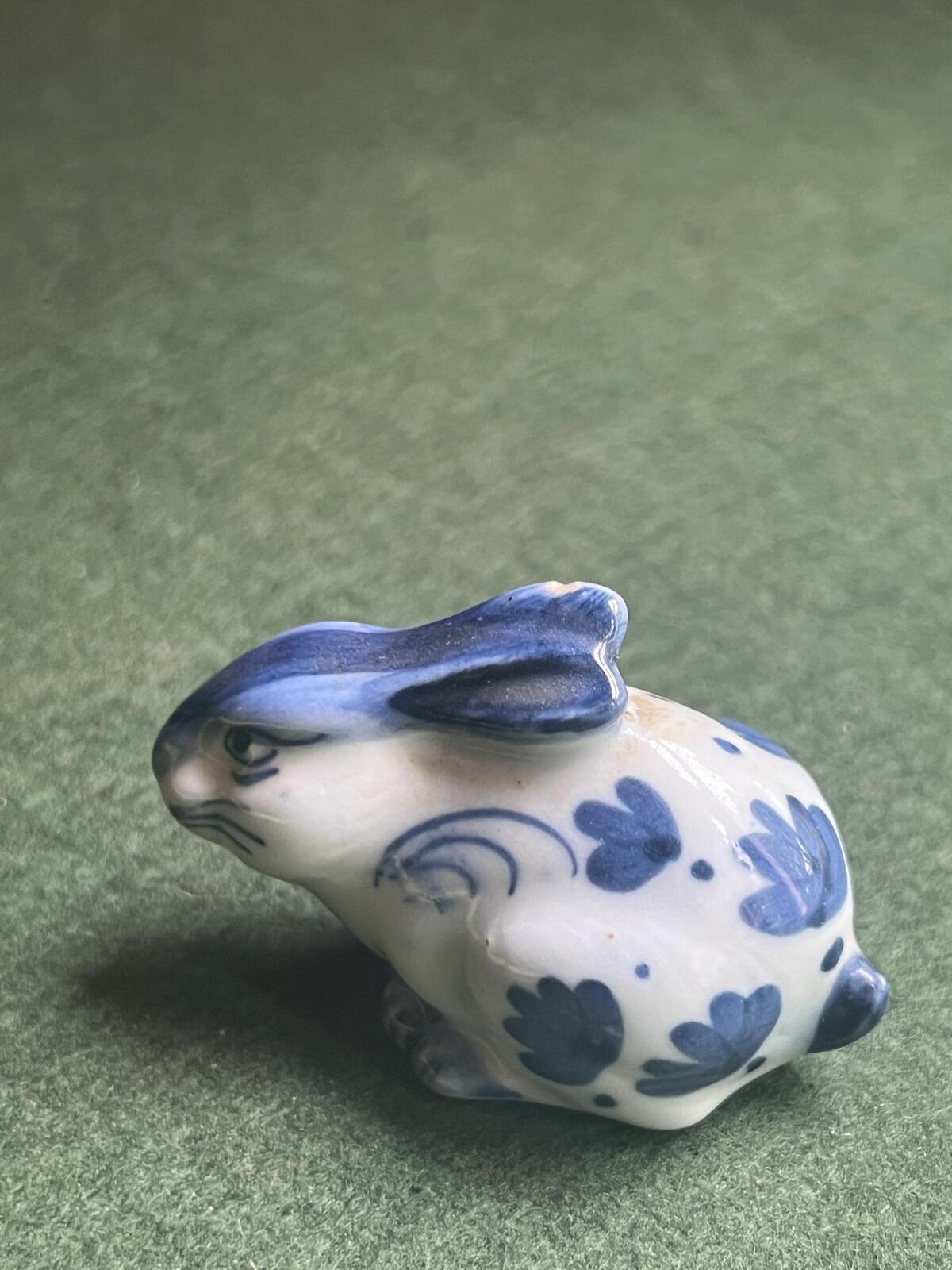Miniature rabbit figurine. Blue white Delft style ceramic bunny.