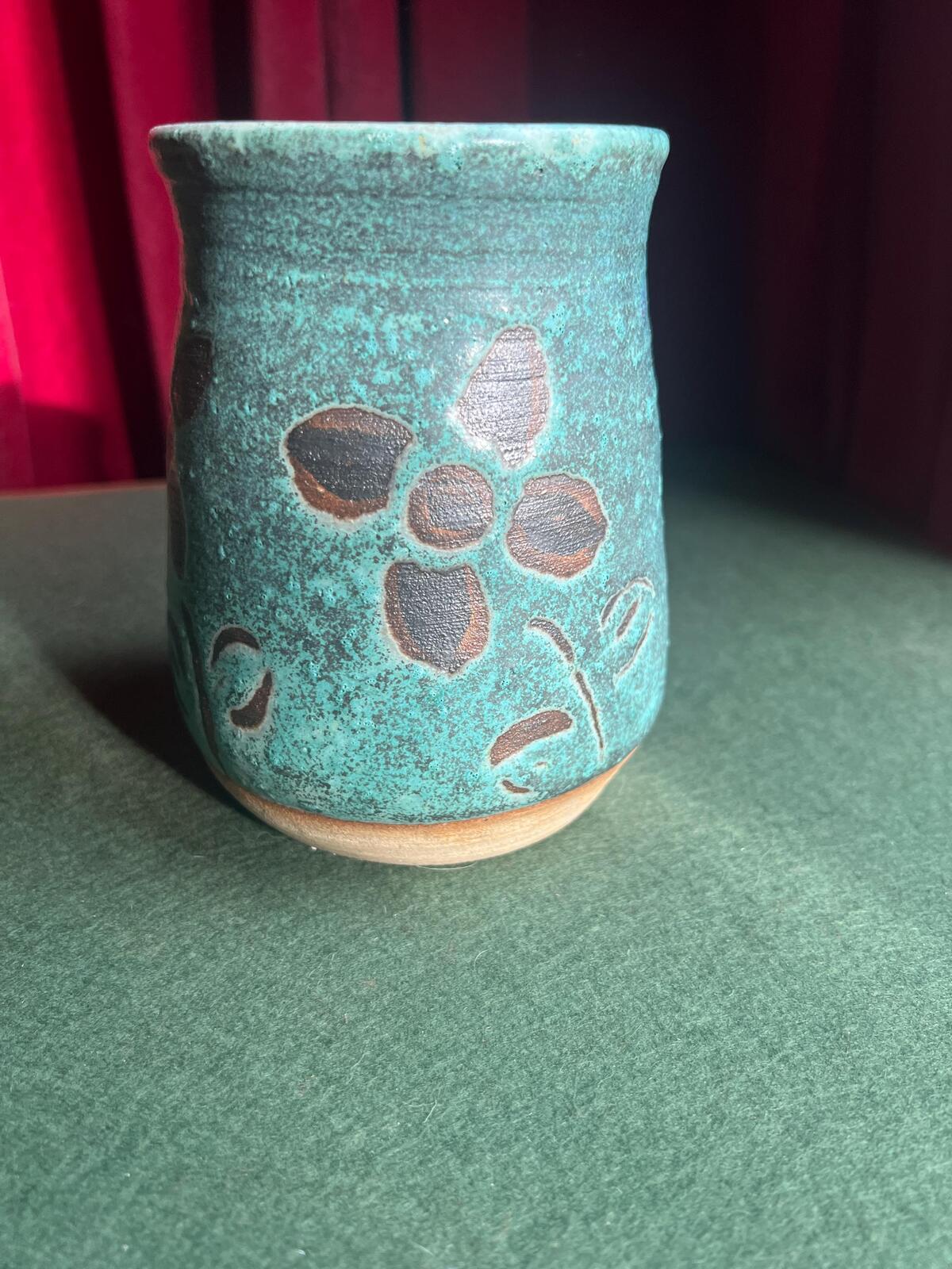 Studio Pottery Stoneware Vase Utensil holder. Floral design on blue textured glaze.