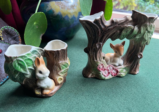 Vintage Hornsea posy vases. Fauna baby rabbit sitting by a tree stump Fauna Royal baby deer sitting by a tree stump.
