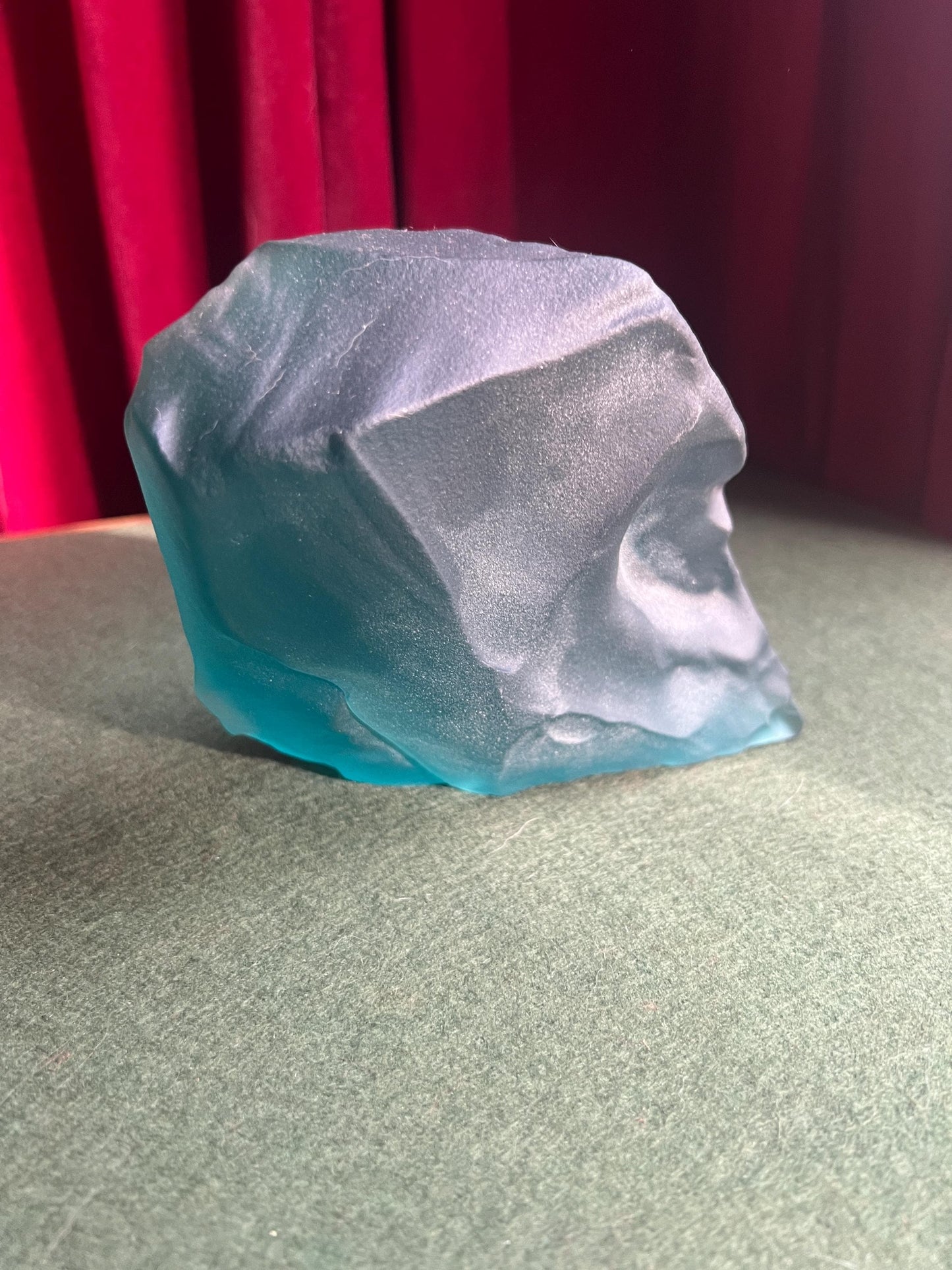 Siku Signed Native Inuit Frosted Etched Art Glass Sculpture Paperweight. Blue sea glass Canadian folk art.