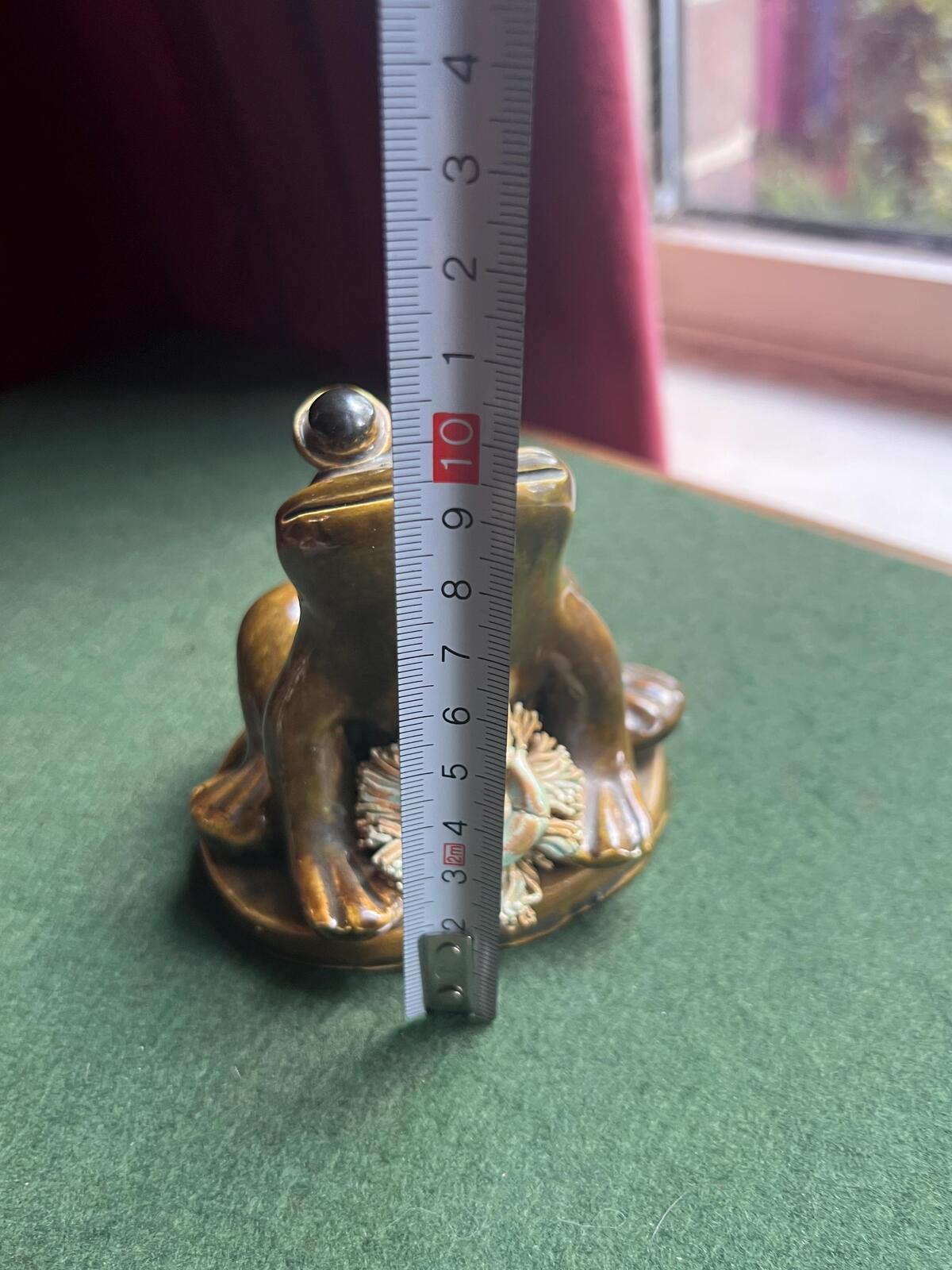 Studio pottery frog figurine. Quirky green glazed hand built frog. Signed by artist YD DG. Yare Designs Norfolk.