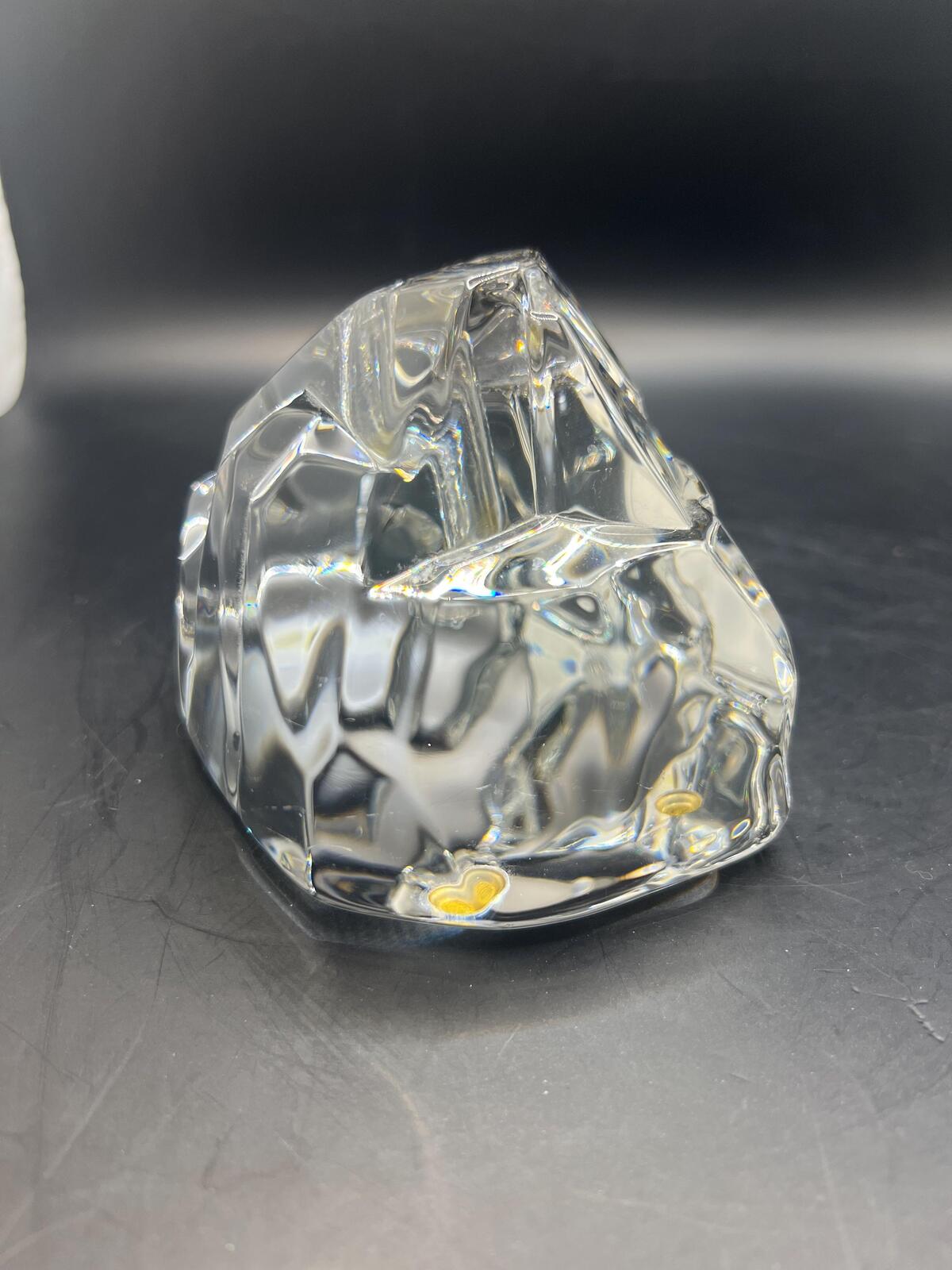 Crystal iceberg paperweight with pen bud hole. Solid clear Val St Lambert style glass sculpture.