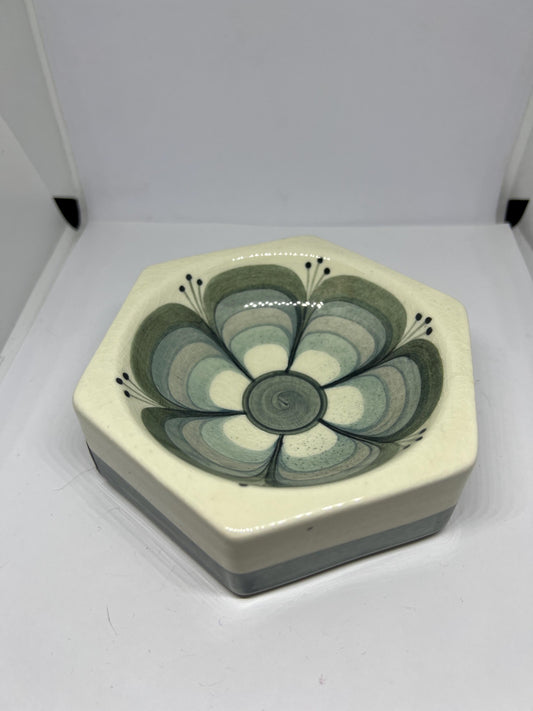Hexagonal ceramic trinket dish. Signed Jersey pottery.