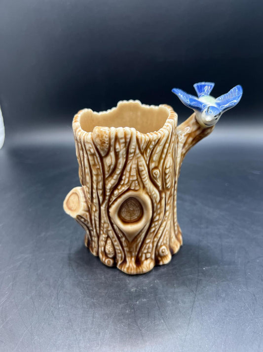 Vintage WADE posy vase. Tree stump with blue bird.