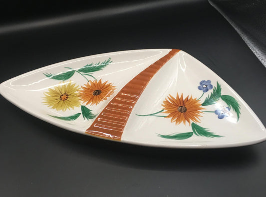 Vintage divided triangular trinket dish. Hand painted floral design. Stamped Shorter and Son.