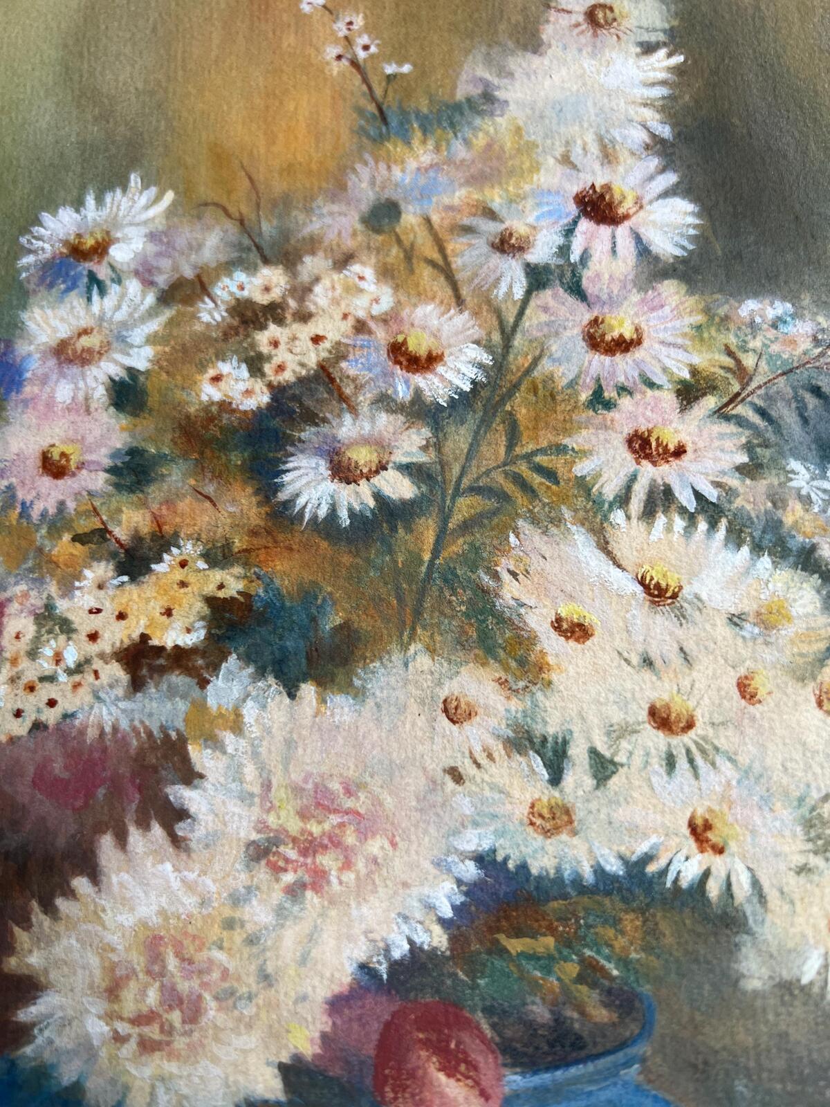 Original 1930s painting Daisies in a blue bowl. Gallery wall decor.