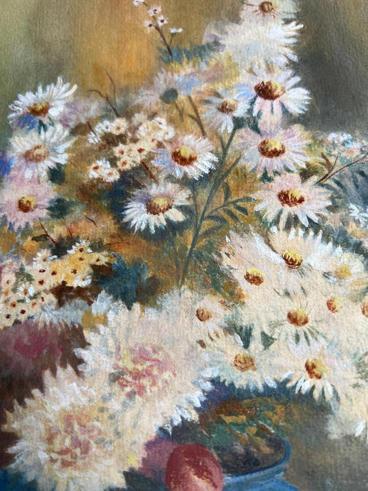 Original 1930s painting Daisies in a blue bowl. Gallery wall decor.