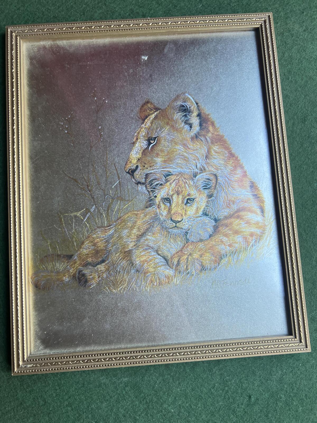 Lion and cub foil art framed picture. 1980s Retro signed M Fenelle print.