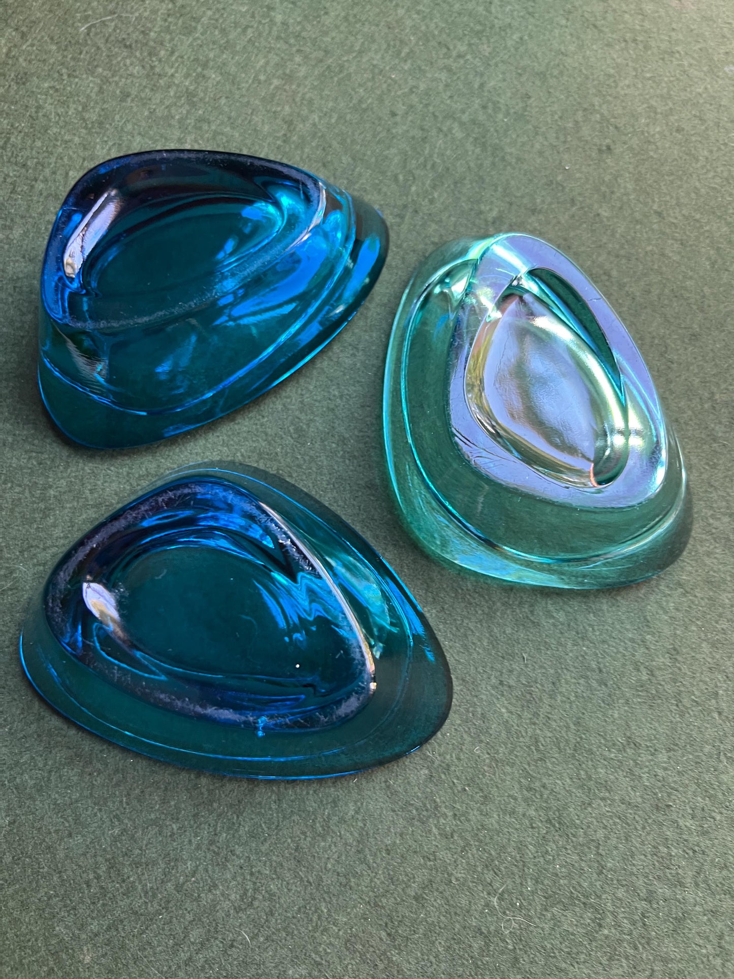 Vintage glass ashtrays trinket dishes. Sklo Union glass. 1x Turquoise blue 2x cobalt blue triangular glass nut bowls. Sold separately.
