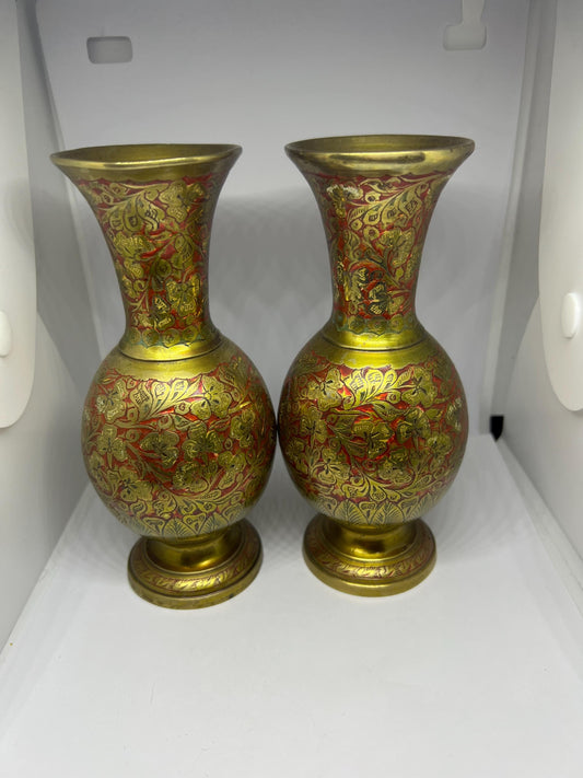 Vintage brass enamel ornamental vases. 2 available.
