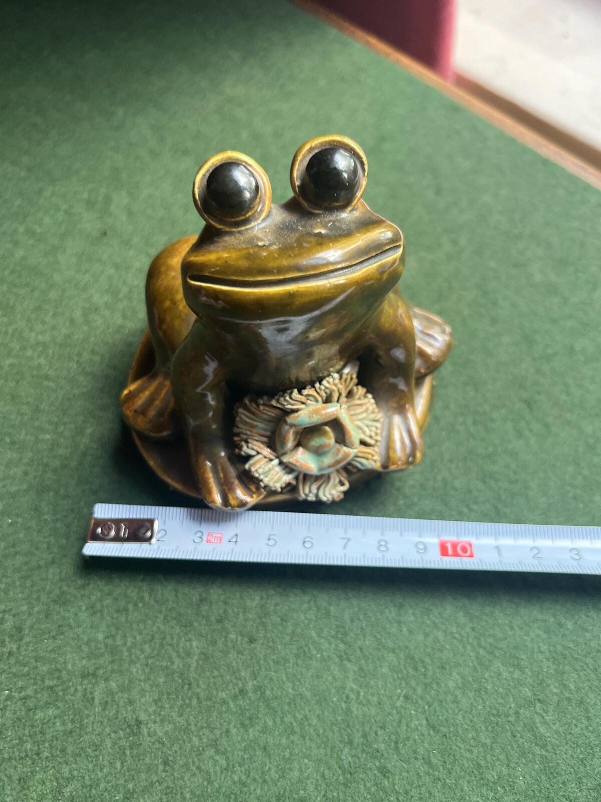 Studio pottery frog figurine. Quirky green glazed hand built frog. Signed by artist YD DG. Yare Designs Norfolk.