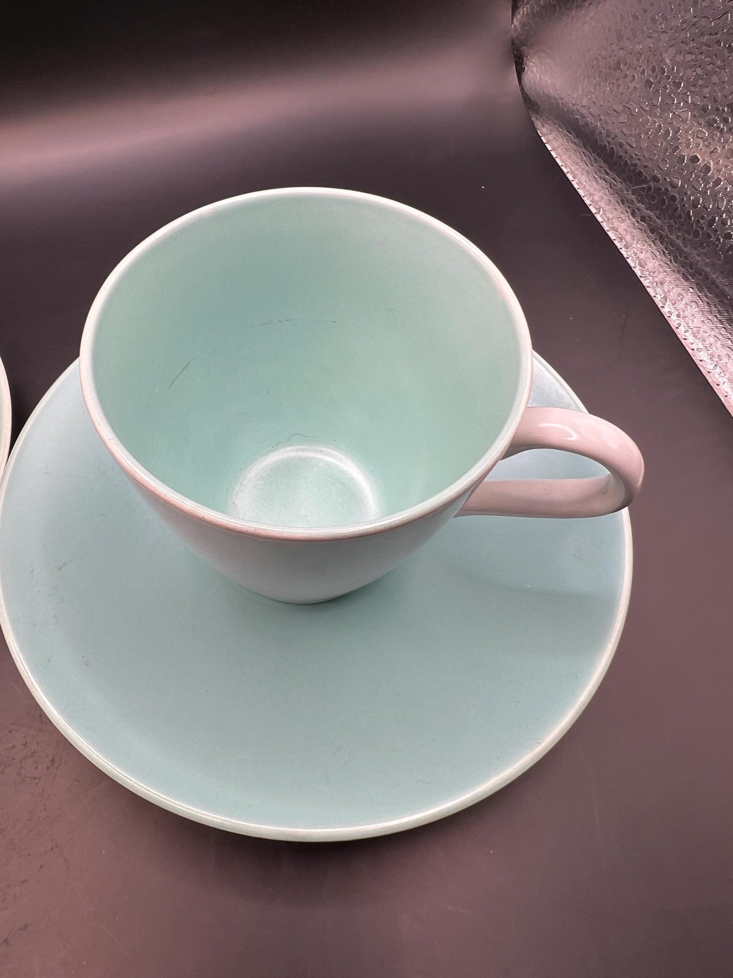 2 Poole Pottery Streamline Shape Cups and Saucers in Twintone Ice Green & Seagull colour.