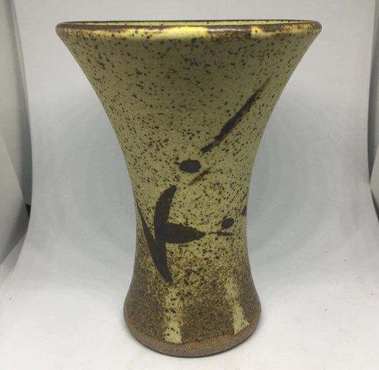 Vintage stoneware trumpet vase with abstract design. Speckle glazed mid century flower display vase.