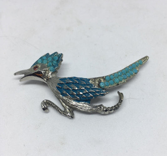 1960s Vintage Rhinestone Road Runner lapel pin. Bird lover costume jewellery. AS IS
