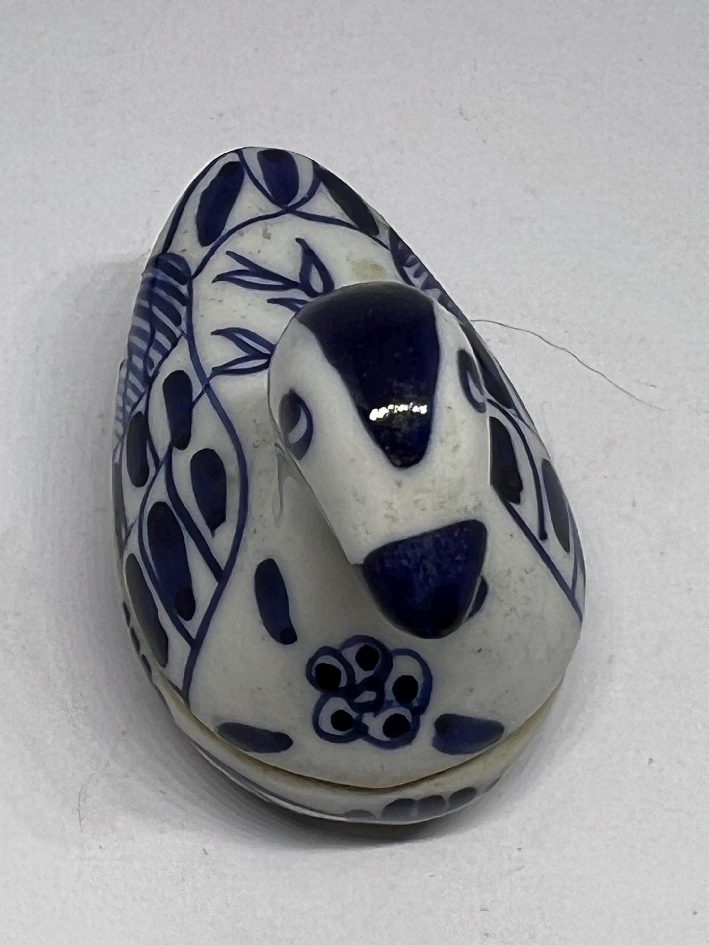 Miniature duck trinket box Blue white ceramic tiny duck.