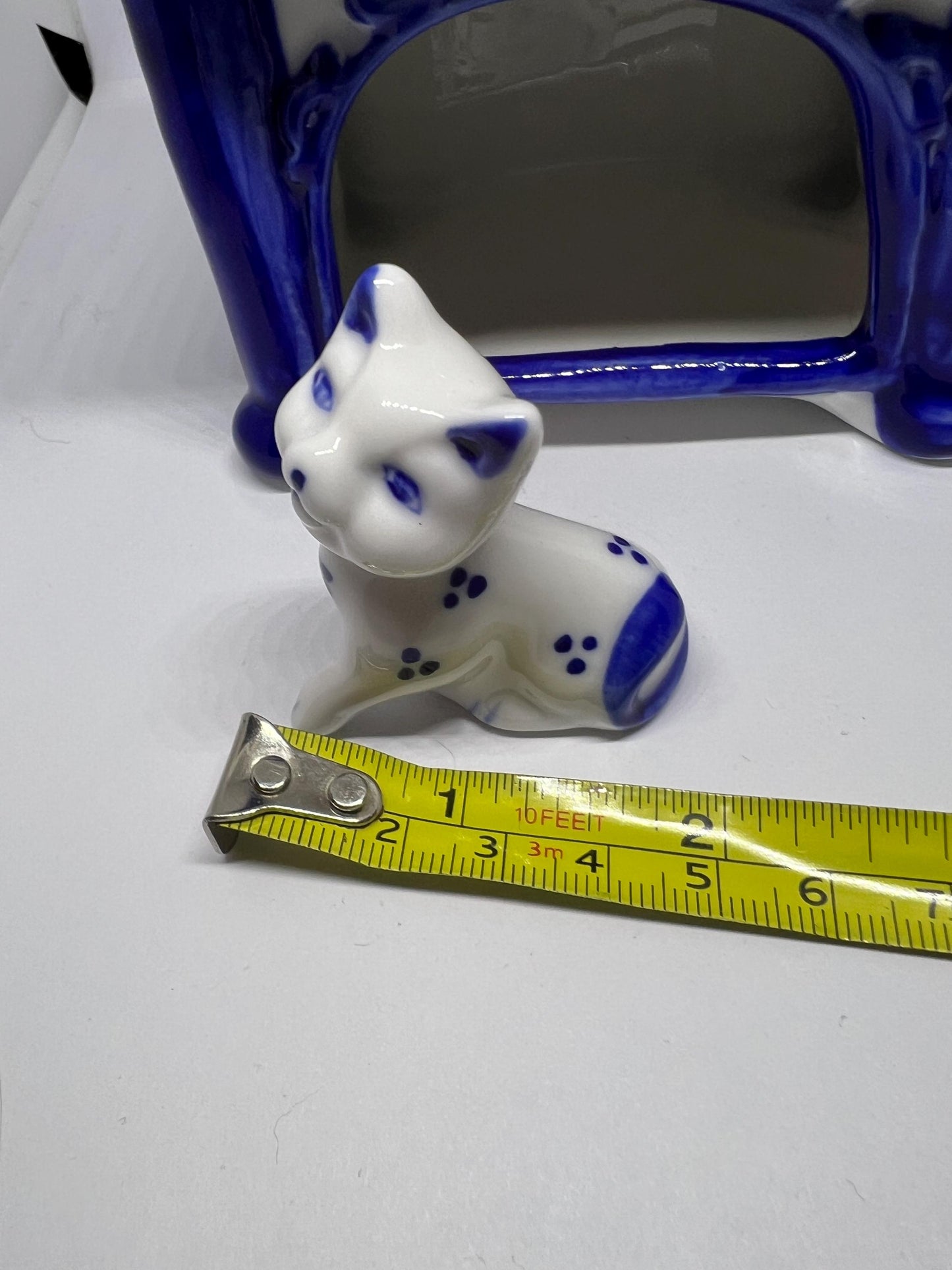 Vintage Gzhel porcelain cat on a table figurine. USSR.
