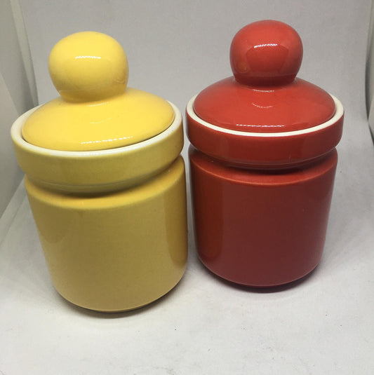 Ceramic lidded honey sugar pots. Vibrant red and yellow glazed set of vintage jam pots.