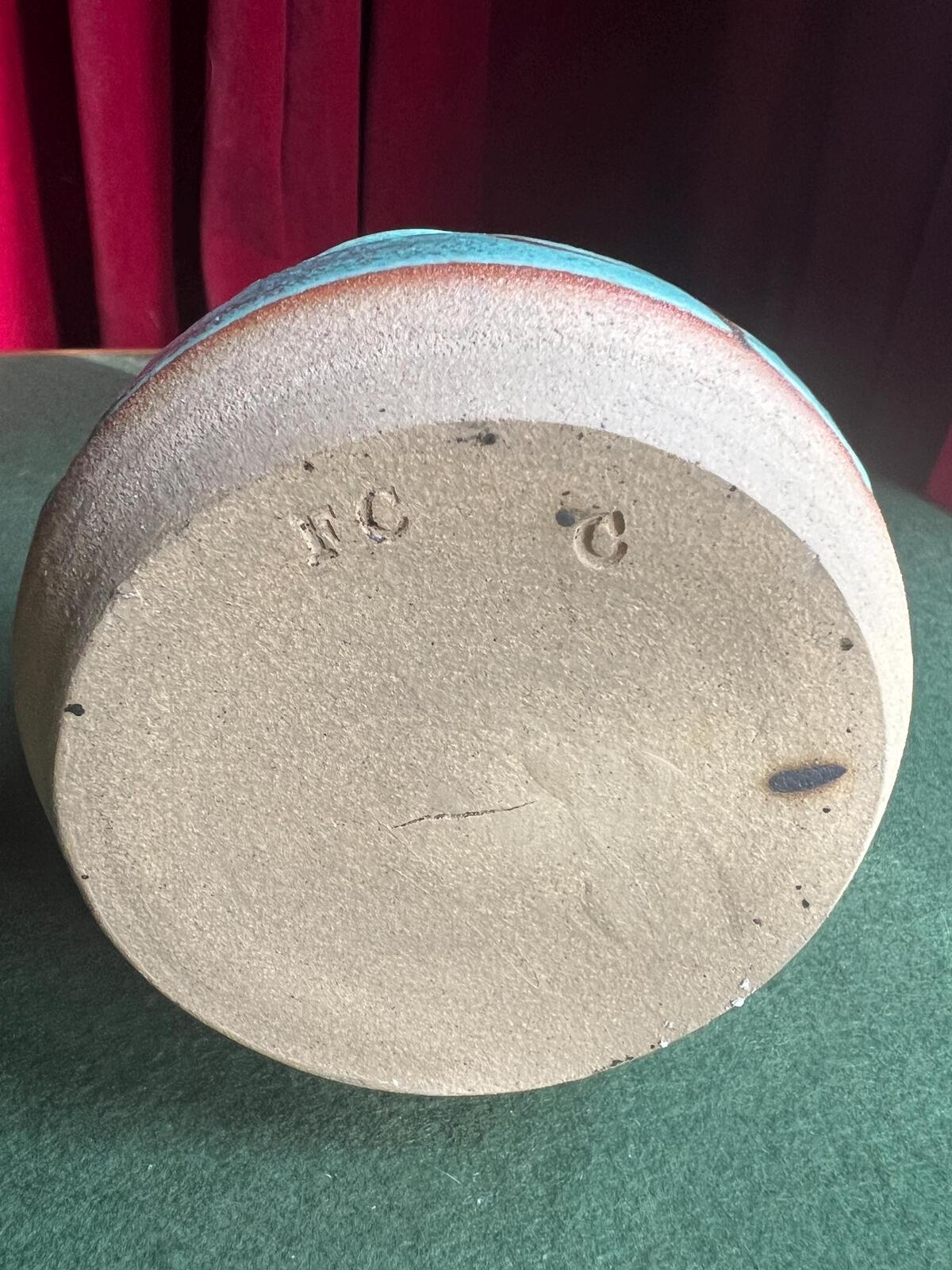 Studio Pottery Stoneware Vase Utensil holder. Floral design on blue textured glaze.