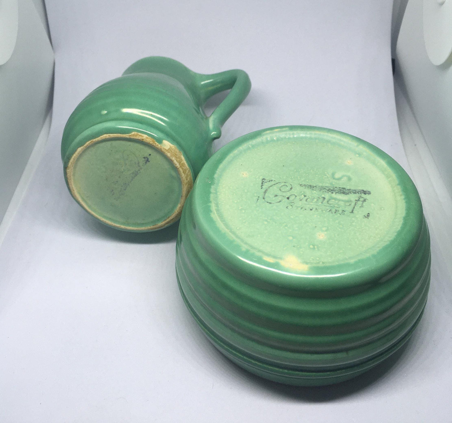 Vintage Govancroft sugar milk jug. Green glazed Art Deco style breakfast set. Scottish pottery