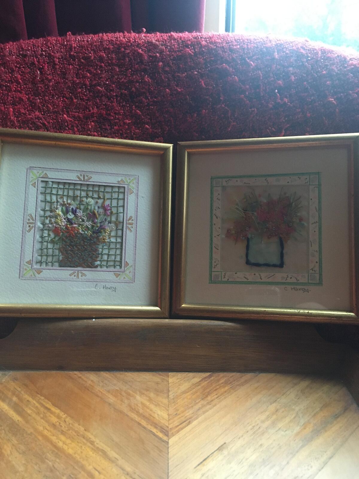 2 Beautiful detailed framed embroidery flower scenes. Textile art wildflowers.