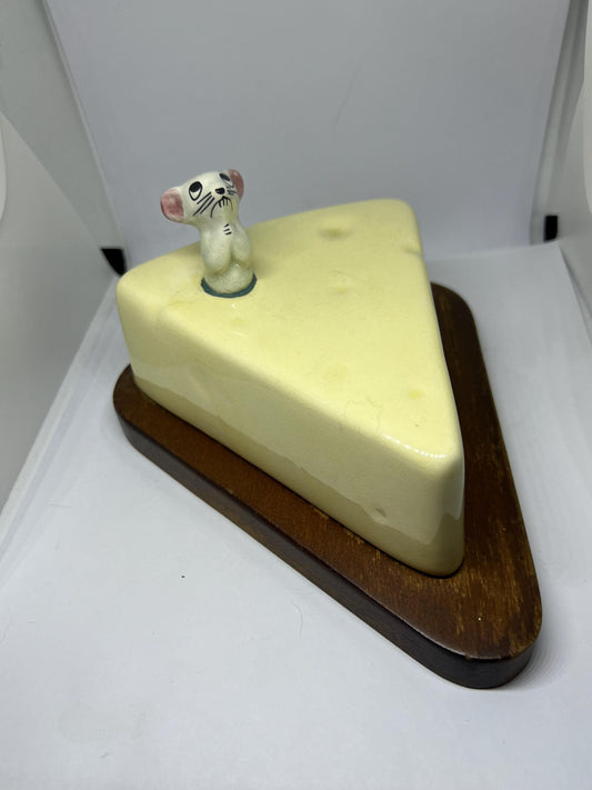Retro ceramic wood covered cheese dish with kitsch mouse.
