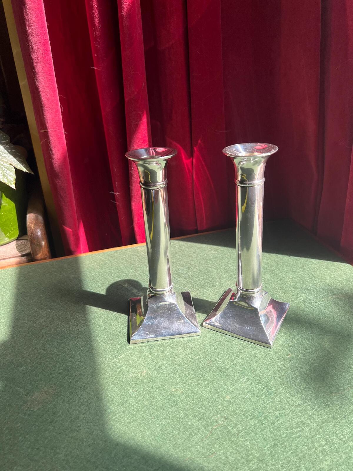 Vintage silver plate column candlestick holders. Parks of London.
