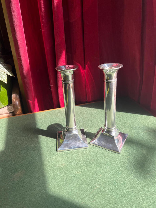 Vintage silver plate column candlestick holders. Parks of London.