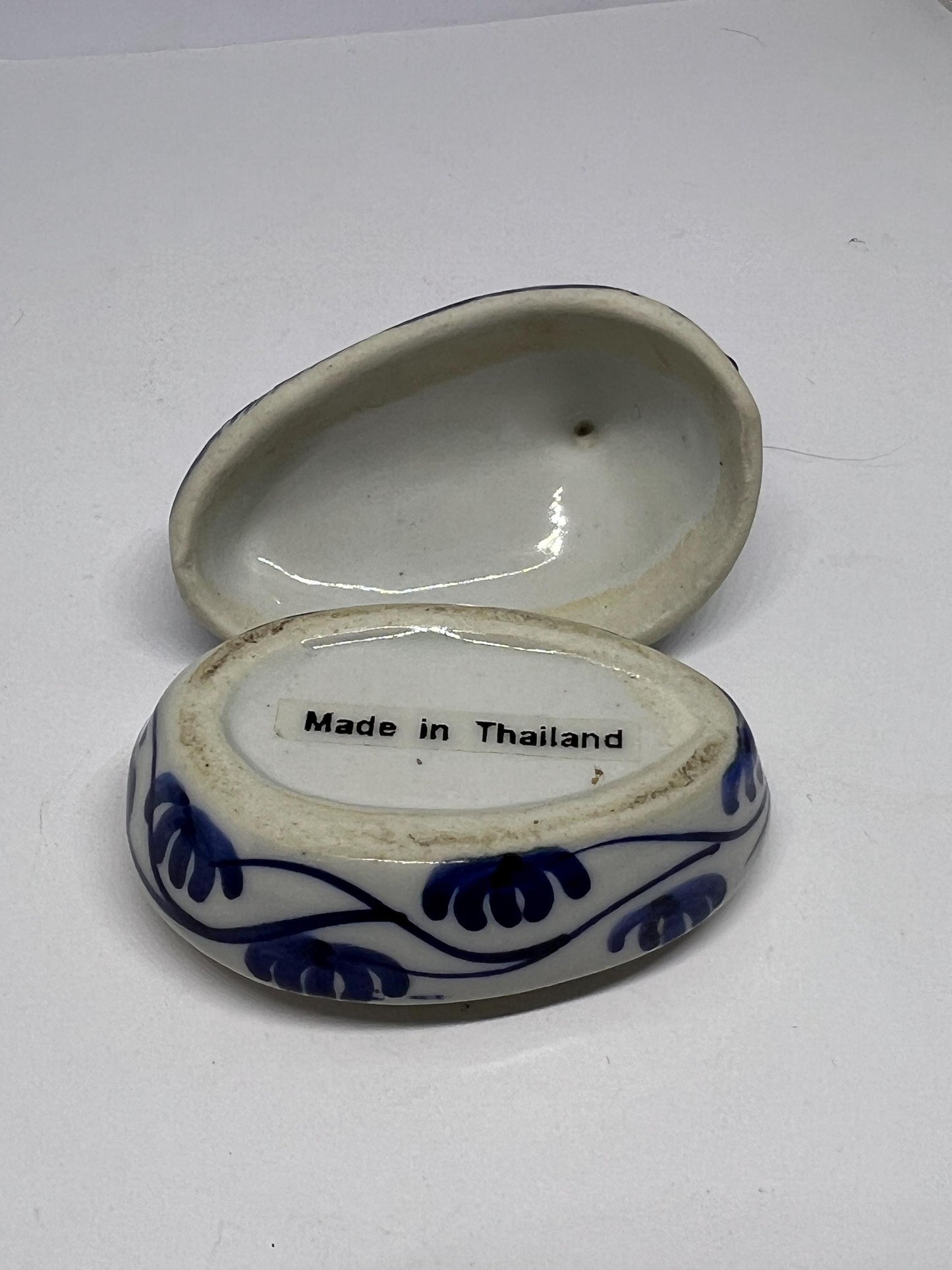 Miniature duck trinket box Blue white ceramic tiny duck.