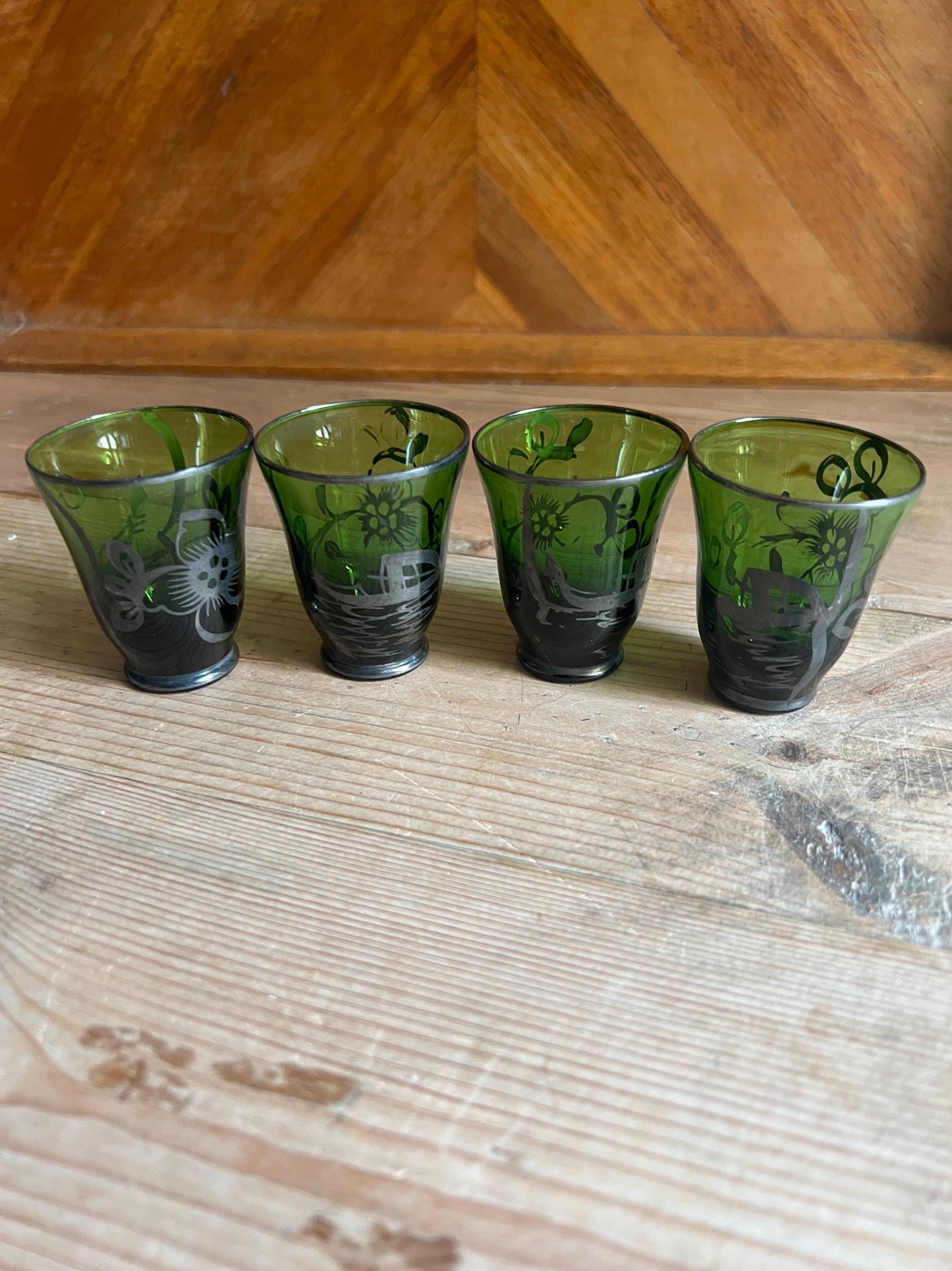 Vintage shot glasses Set 4 emerald green silver overlay port sherry glasses.