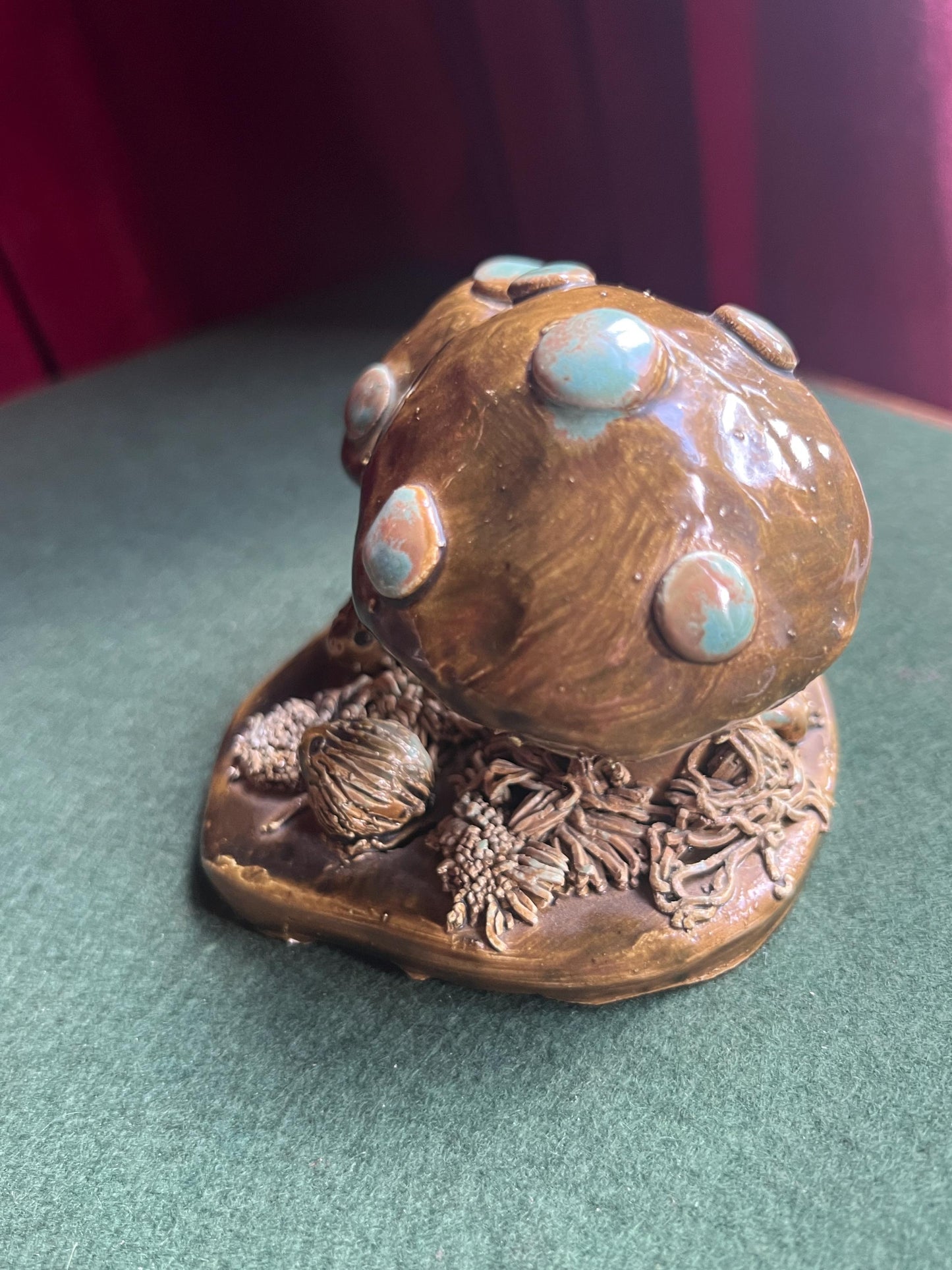 Studio pottery toadstools and hedgehogs figurine. Signed by artist YD MA UK. Yare Designs Norfolk.