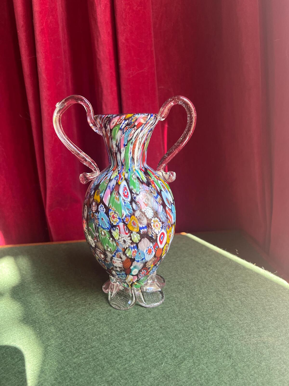 Vintage Murano art glass vase. Tutti Fruit twin handled millefiori. In the style of Fratelli Toso.. Art glass collector gift.