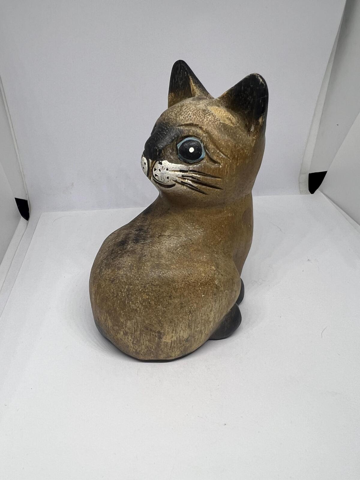 Vintage hand carved wooden cat figurine. Naive Folk art hand painted quirky kitten.
