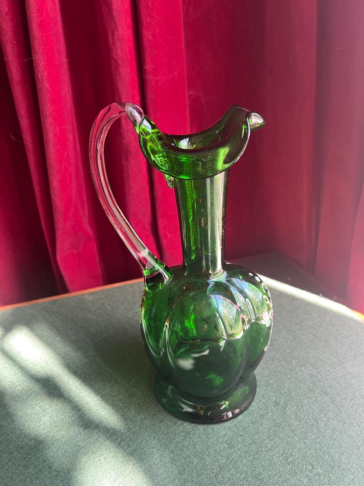 Art Deco Bohemian Green Glass Ewer Jug. Hand painted enamel and gilt floral decor. Art glass collector gift.