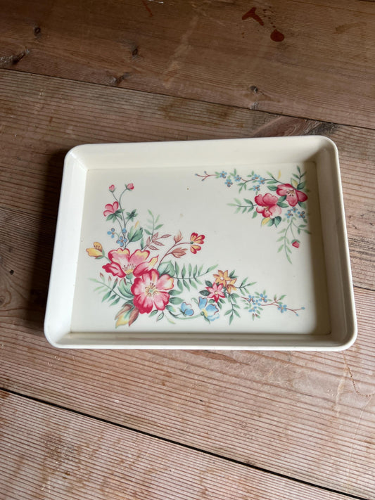 White Melamine key tray with pink yellow flowers. Stamped Melamaster GB.
