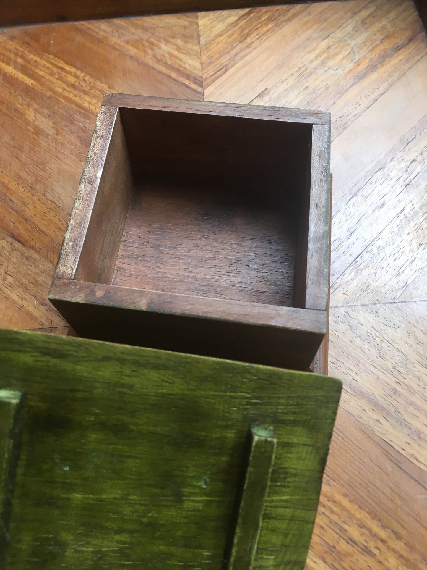 Hand-carved tortoise-lidded square wooden box. Made in Thailand.