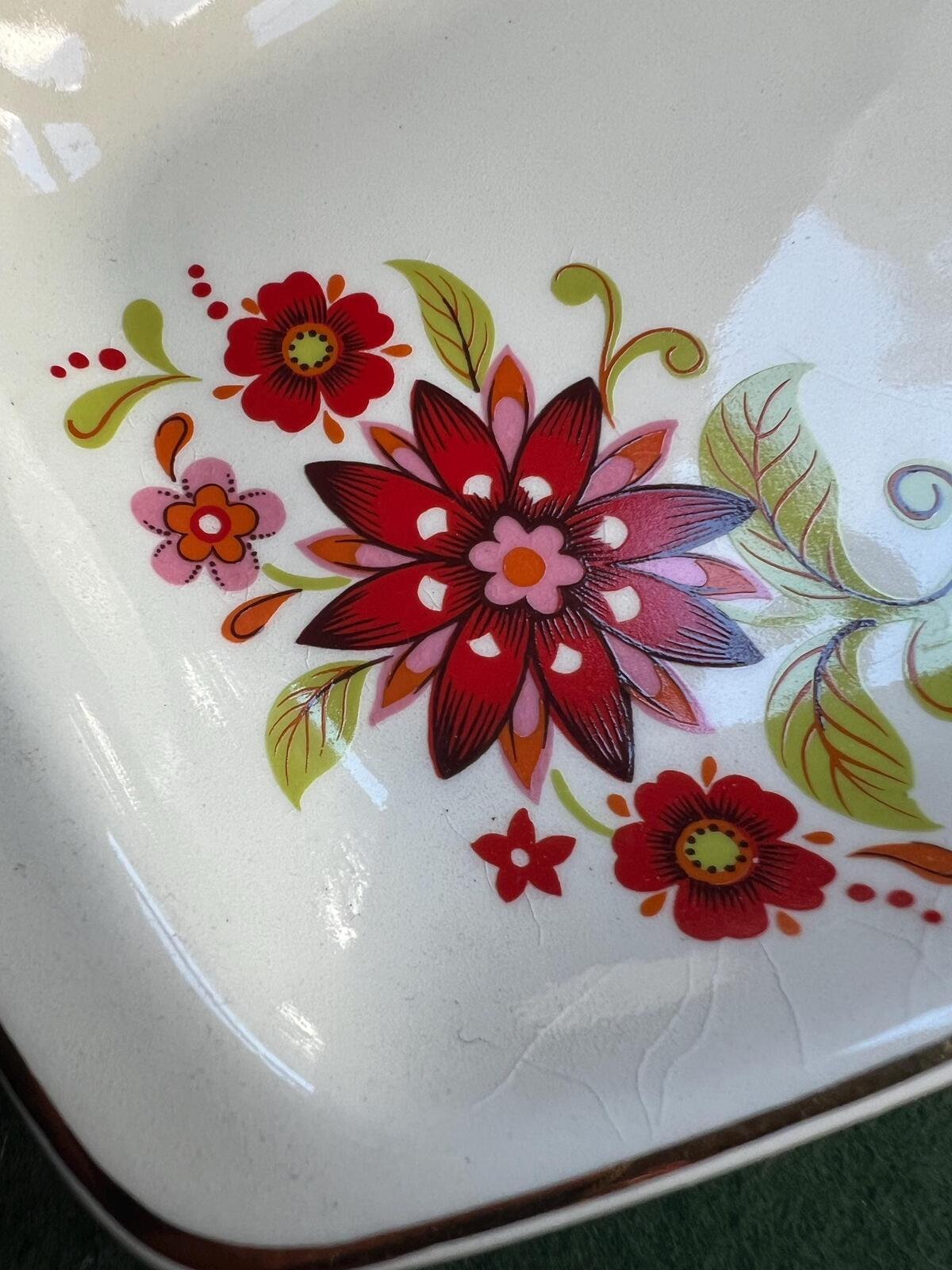 Floral sandwich plate White ceramic with red flower design. Made in Romania.