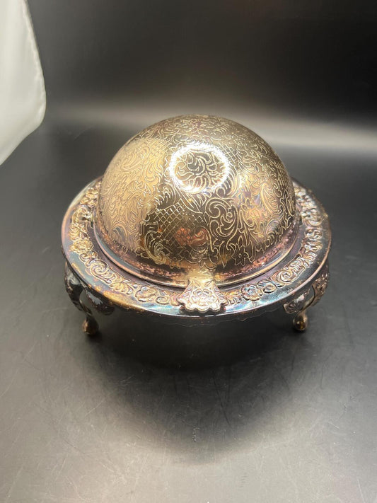 Vintage Silver Plated Caviar Butter Dish. Roll Top Globe original glass insert. Dinner Tableware Decor.