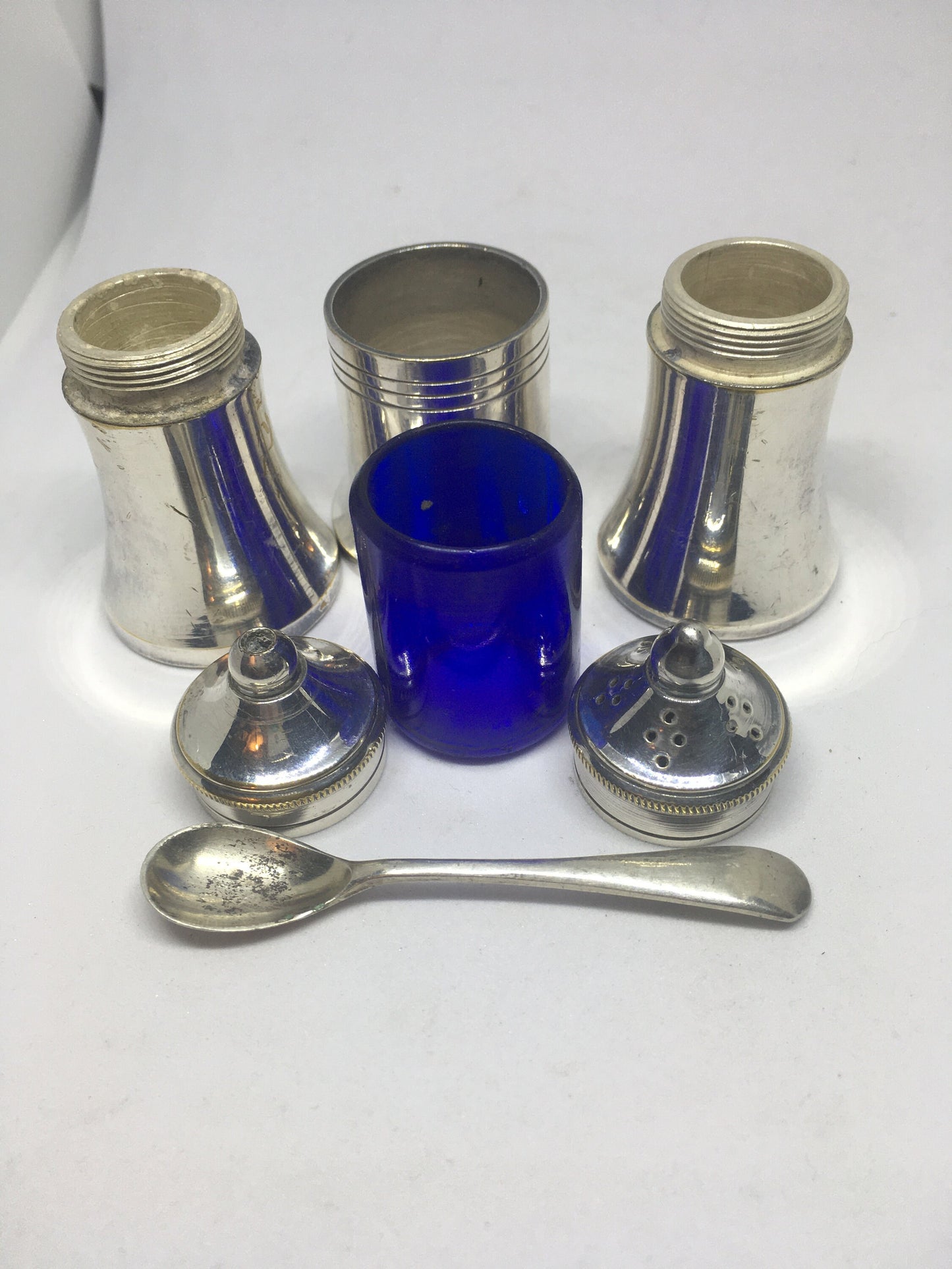 Vintage Cruet set, Small silver plated salt pepper mustard cruet set with tiny spoon.