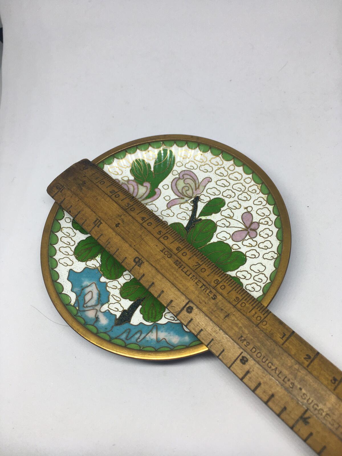 Cloisonné enamel trinket dish. Pink flowers blue and green details.