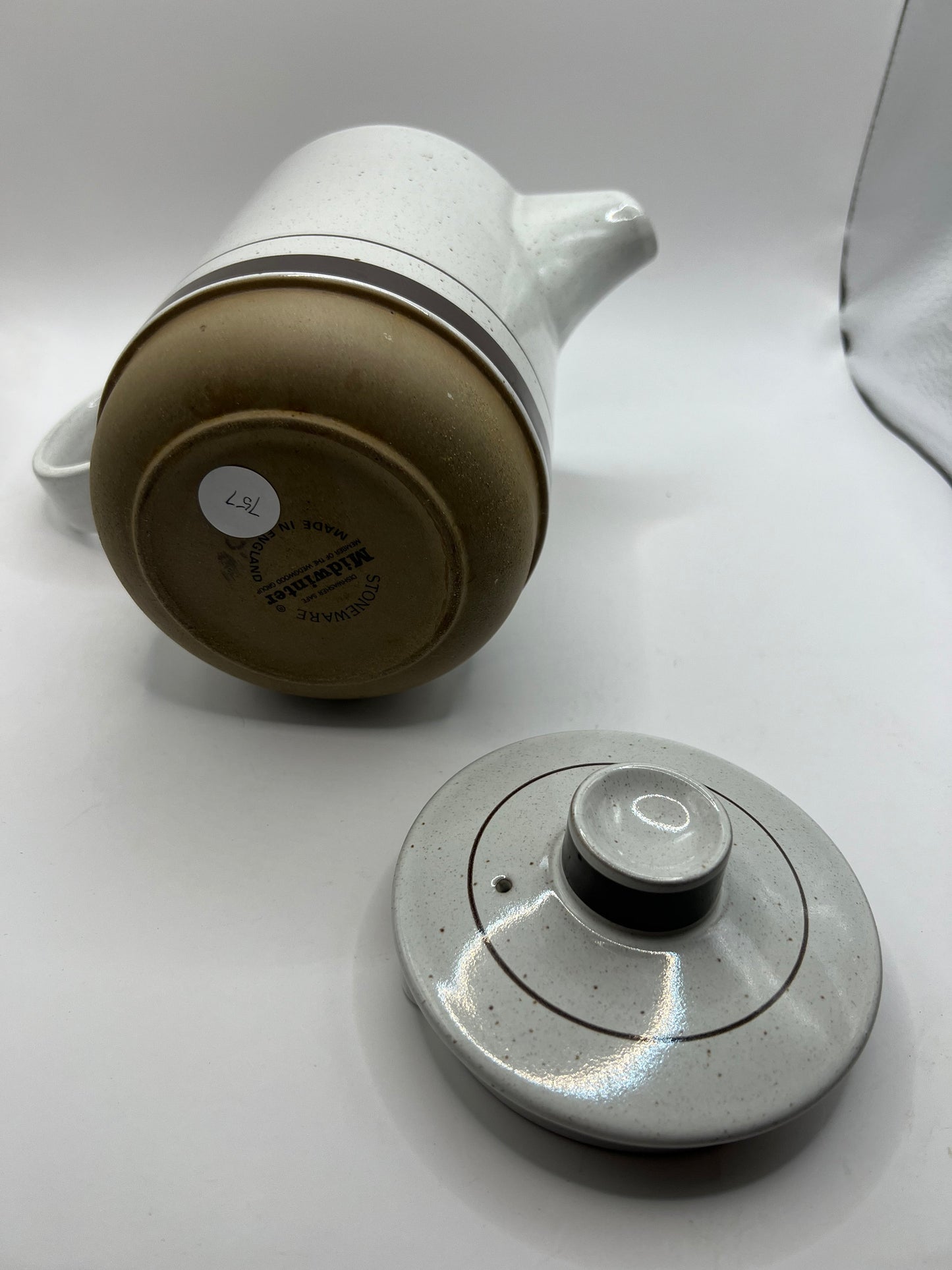 Midwinter Stoneware Coffee pot. Brown stripe on cream grey glaze.