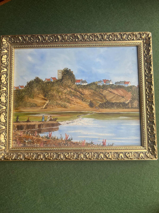 Vintage oil painting 'Old Ovingham 1840'.  Margaret Pemberton signed 1988.