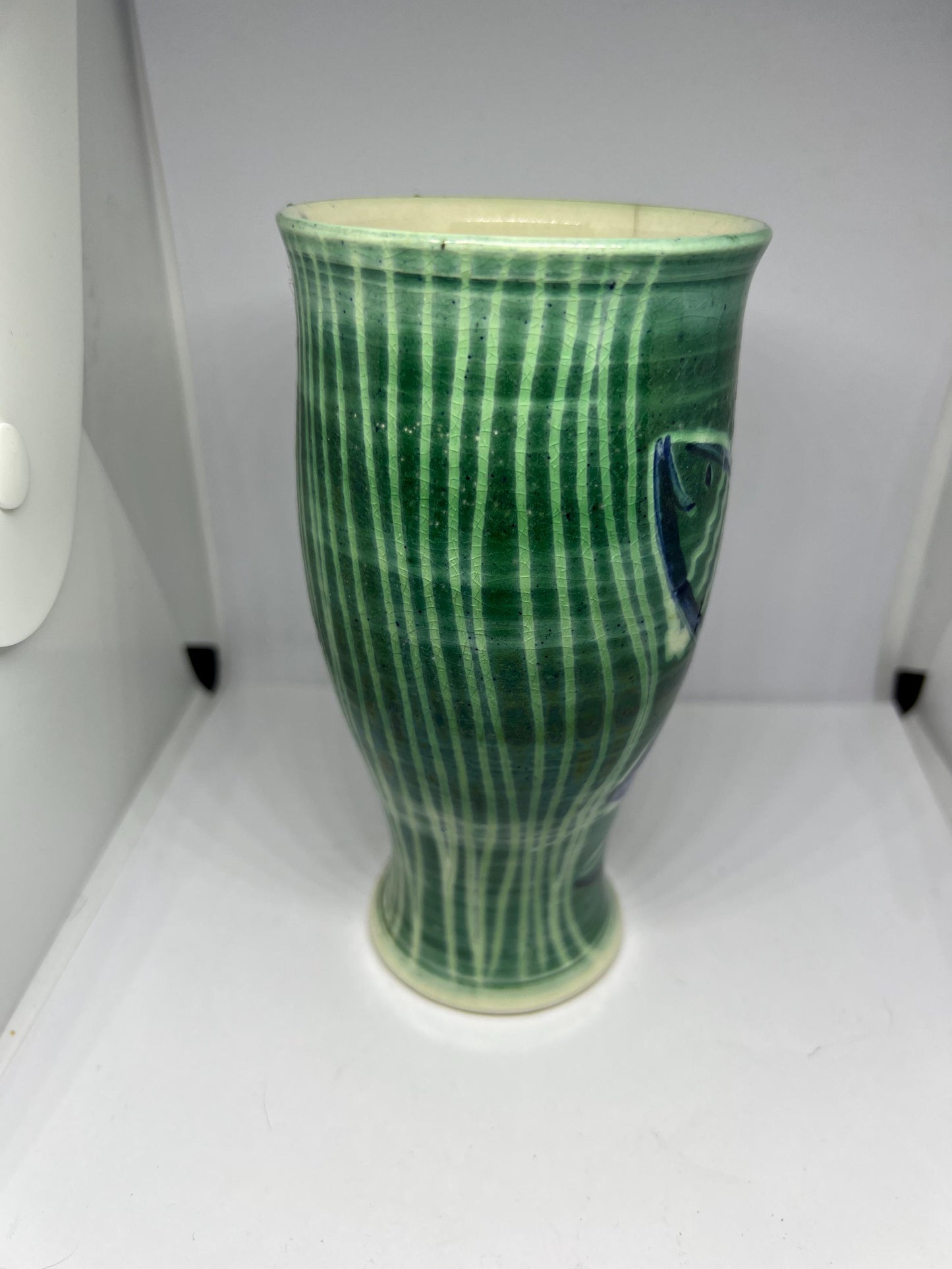 Studio pottery flower vase Green glaze hand decorated fish design Stamped Pauline's Pottery Handmade.
